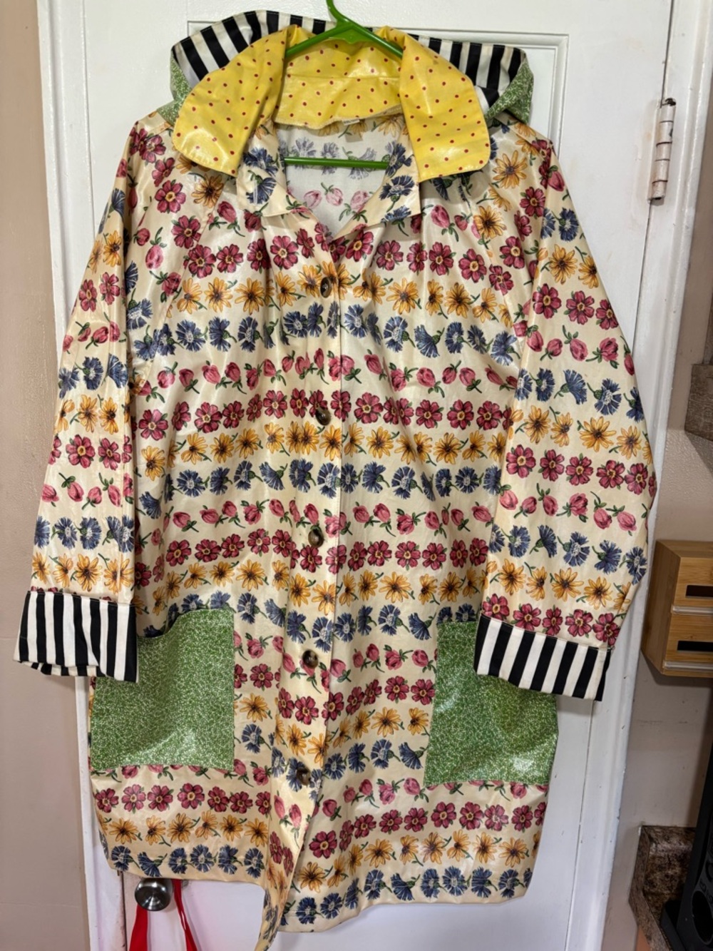Floral Multi-Color Trench Coat with Striped Trim